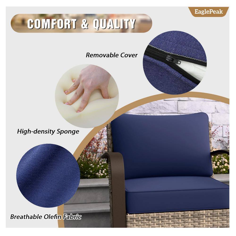 Brown Steel Frame Rocking Armchair with Blue Cushions