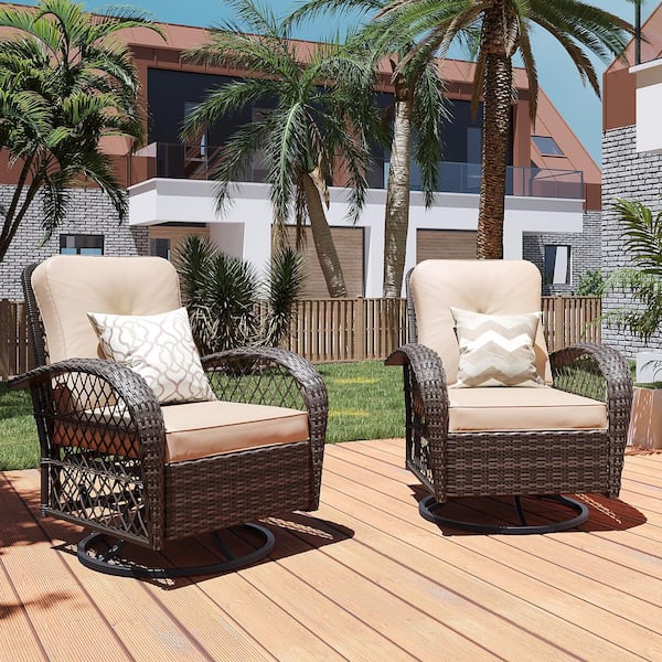 2--Piece Brown Wicker 360° Swivel Outdoor Rocking Chair with Beige Cushion