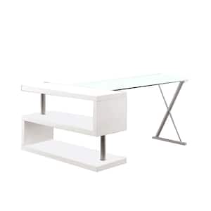 Movable 30.75 in. H x 23.62 in. W White and Clear Glass Top Desk with X Shaped Side Panel