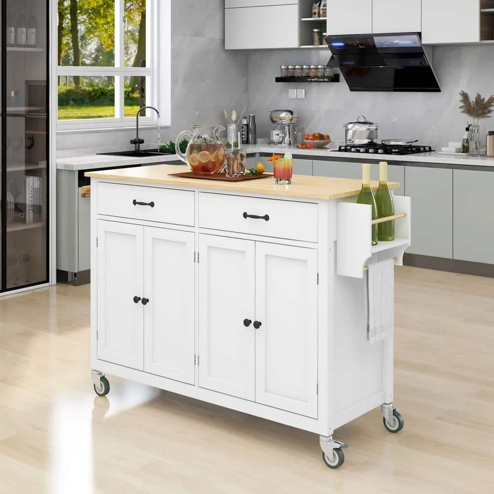 Harper & Bright Designs White Kitchen Cart with Solid Rubber Wood Top ...