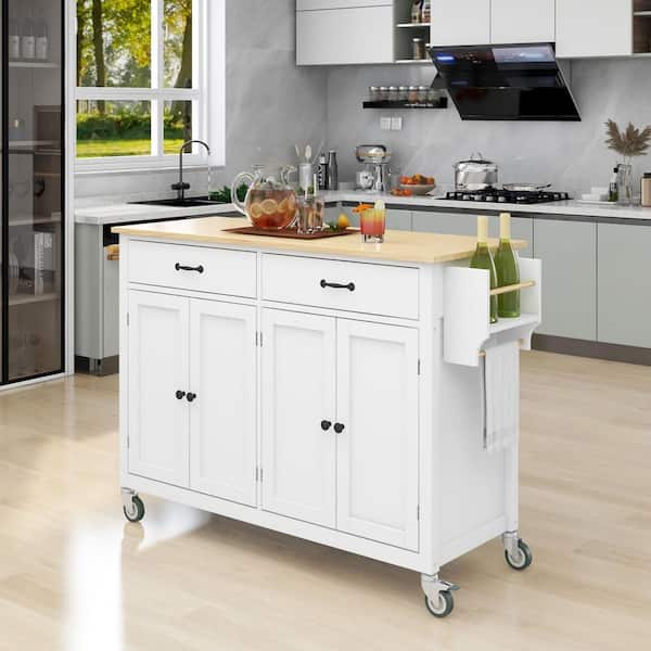 Harper & Bright Designs White Kitchen Cart with Solid Rubber Wood Top, 4-Door Cabinets, 2-Drawers, Spice Rack and Towel Holder