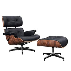 Black Top Grain Leather Mid Century Lounge Chair and Ottoman Modern Chair Classic Design, Palisander Wood