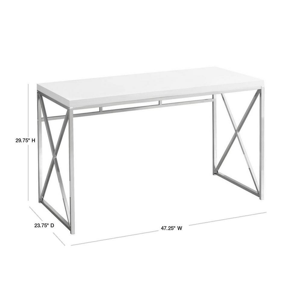 Compact Glossy White Corner Desk with Chrome X-Design Base and Drawer