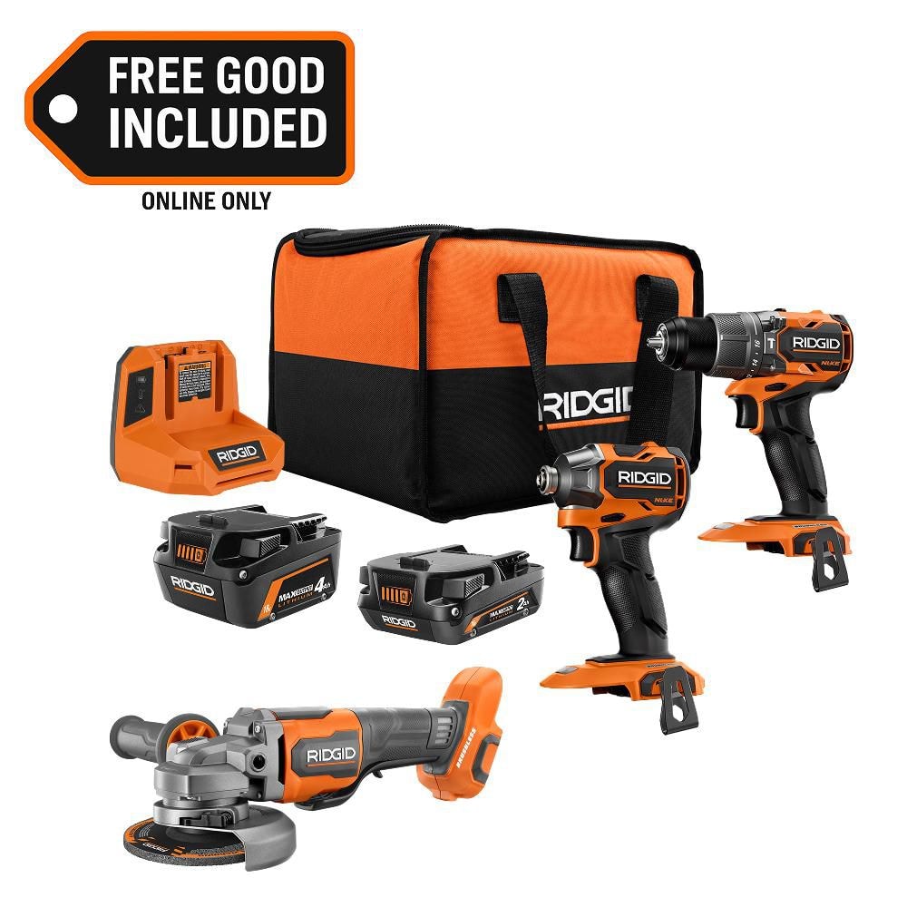 Ridgid 18V NUKE SubCompact Brushless 2-Tool Combo Kit w/ (2) MAX Batteries, & Charger w/ 18V Brushless 4-1/2 in. Angle Grinder