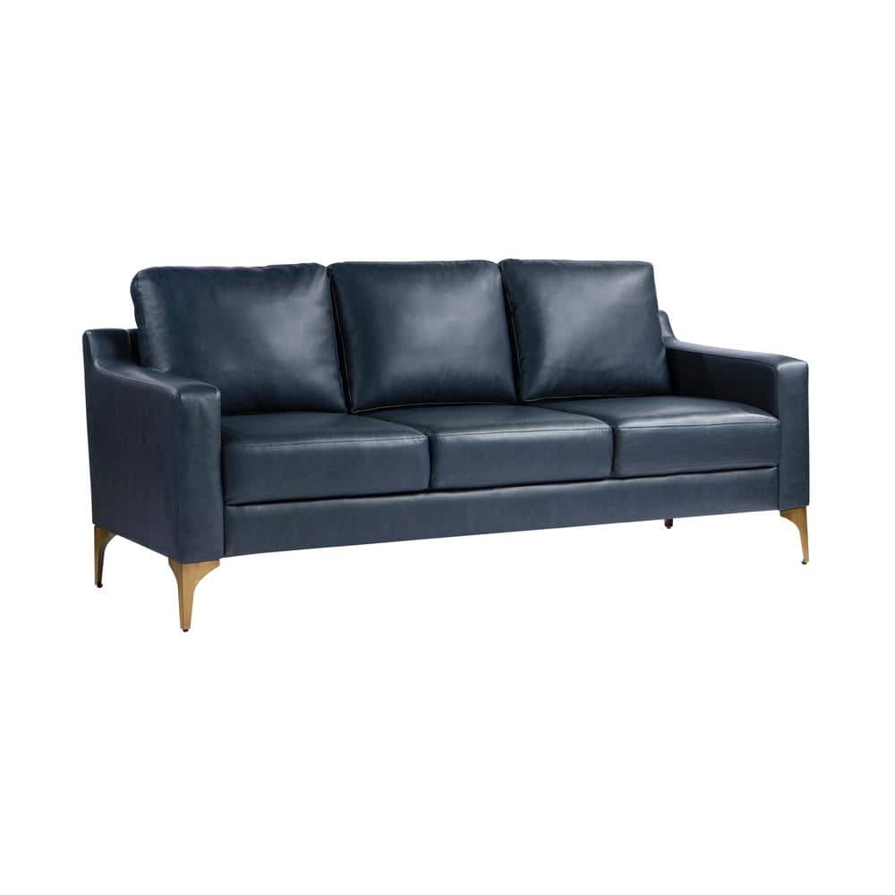 Navy Faux Leather Sofa with Removable Cushions and Wood Legs