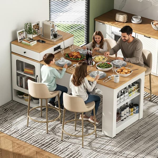 Modern White Wood 59.5 in. Power Outlet Kitchen Island Extendable Dining Table with Double-Sized Storage and 2-Drawer