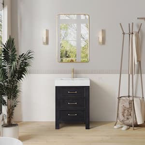 Leon 24 in. W x 22 in. D x 34 in. H Single Freestanding Bath Vanity in Fir Wood Black with White Composite Stone Top