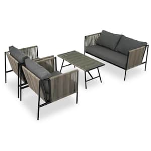 4-Piece Wicker Rope Patio Conversation Set with Thick Gray Cushions and Toughened Glass Table