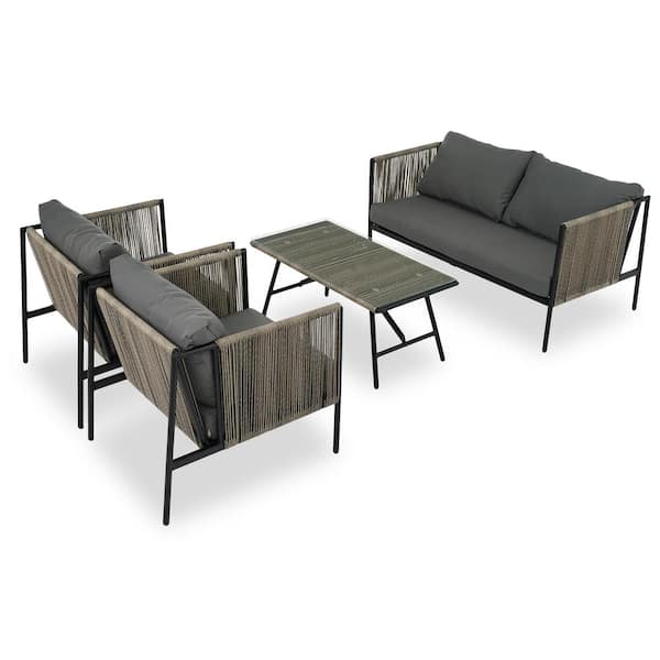 Unbranded 4-Piece Wicker Rope Patio Conversation Set with Thick Gray Cushions and Toughened Glass Table