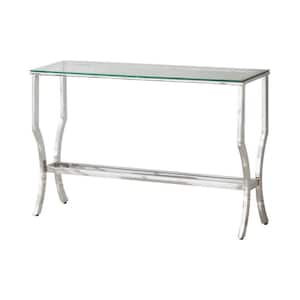 Chrome Rectangle Glass Console Table with Mirrored Shelf