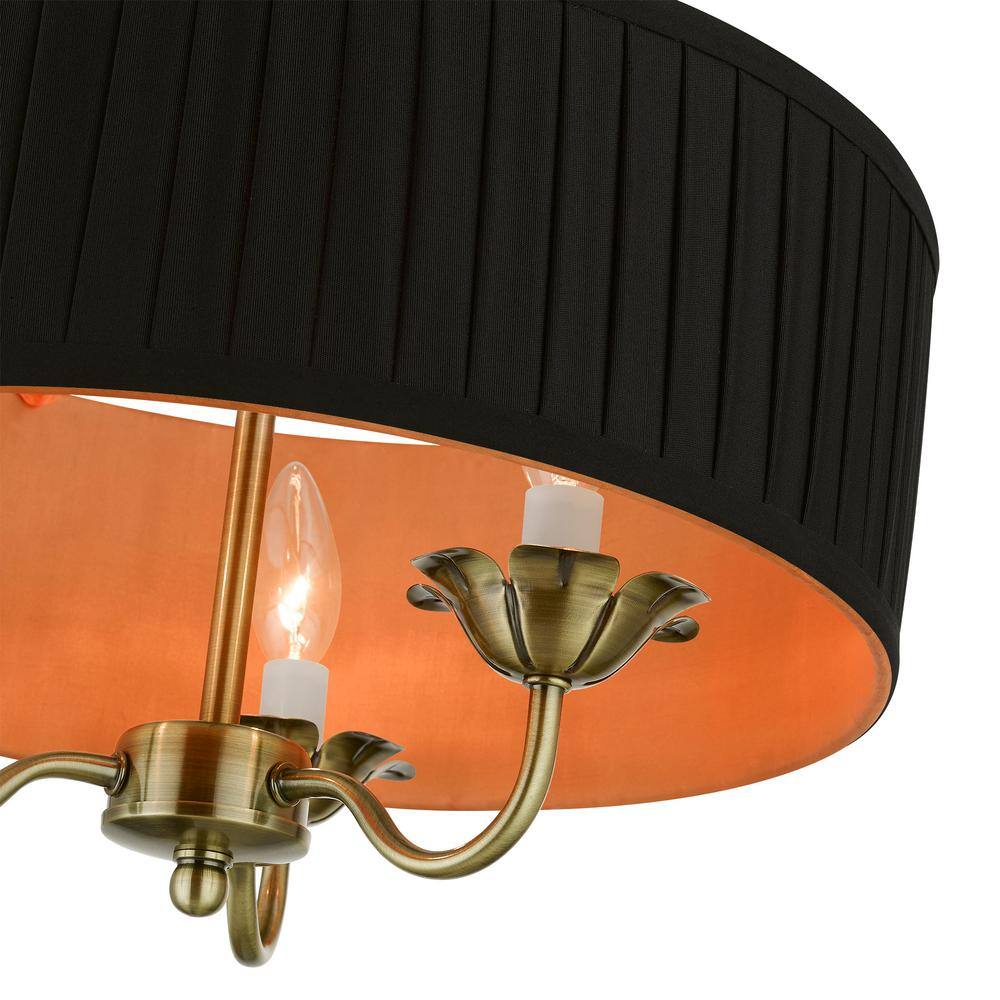 Antique Brass Transitional 3-Light Drum Pendant with Pleated Shade