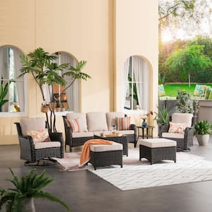 Maroon Lake Brown 7-Piece Wicker Patio Conversation Seating Sofa Set with Beige Cushions and Swivel Rocking Chairs