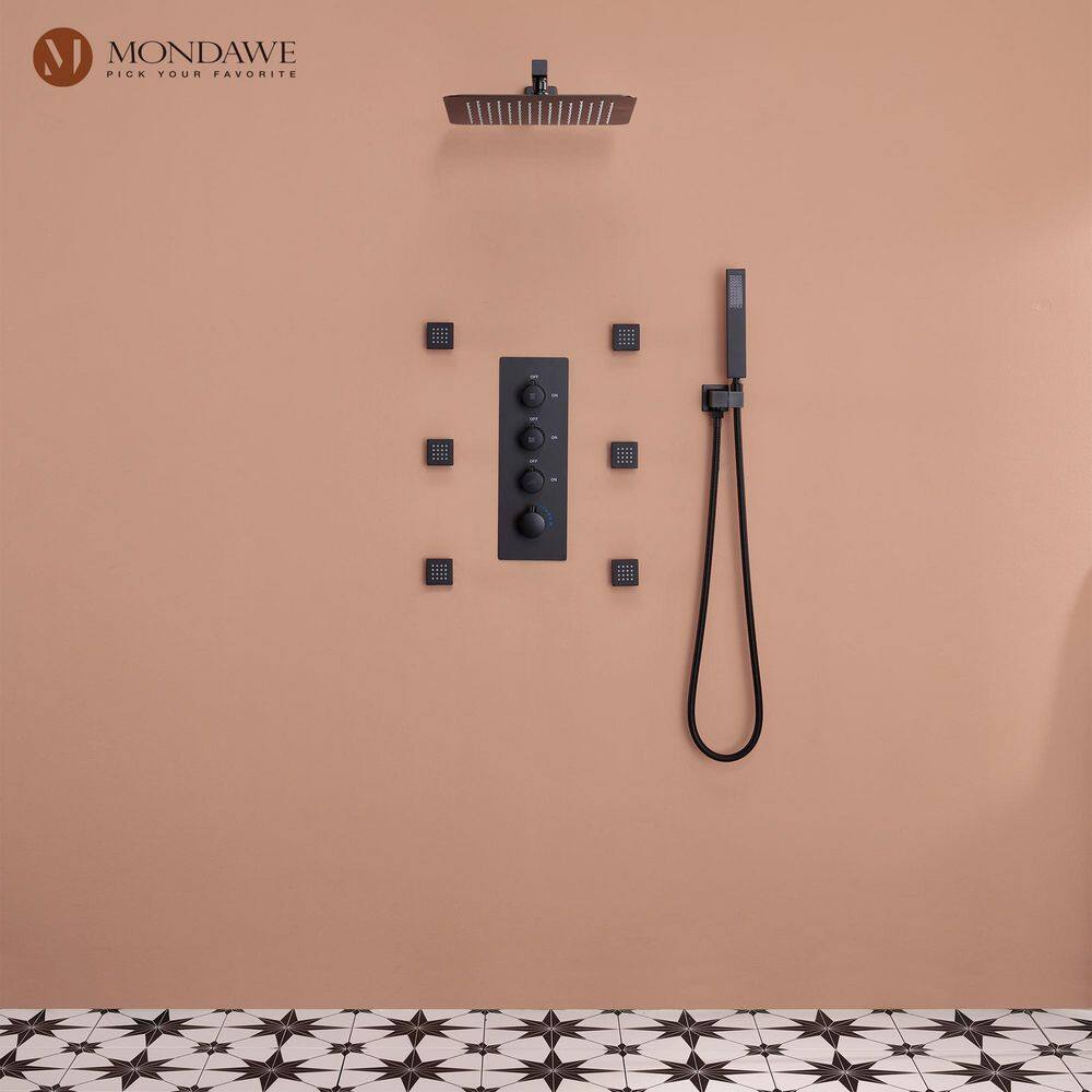 Matte Black 12-Inch Stainless Steel Multi-Head Wall Mounted Shower System