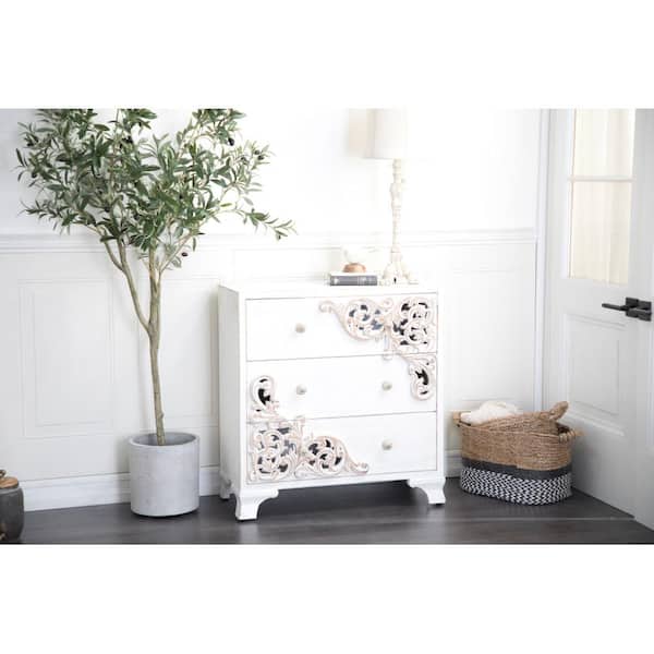 Litton Lane White Wood Intricately Carved Scroll Chest 31 in. X 30 in. X 15 in.
