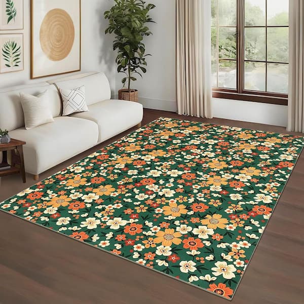 Green 9 ft. x 12 ft. Farmhouse Color Floral Low Pile Non-Shedding for Living Room Bedroom Area Rug