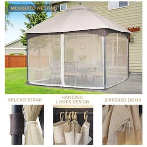 12 ft. x 10 ft. Galvanized Steel Double Canopy Soft Top Gazebo with Netting and Beige Curtains