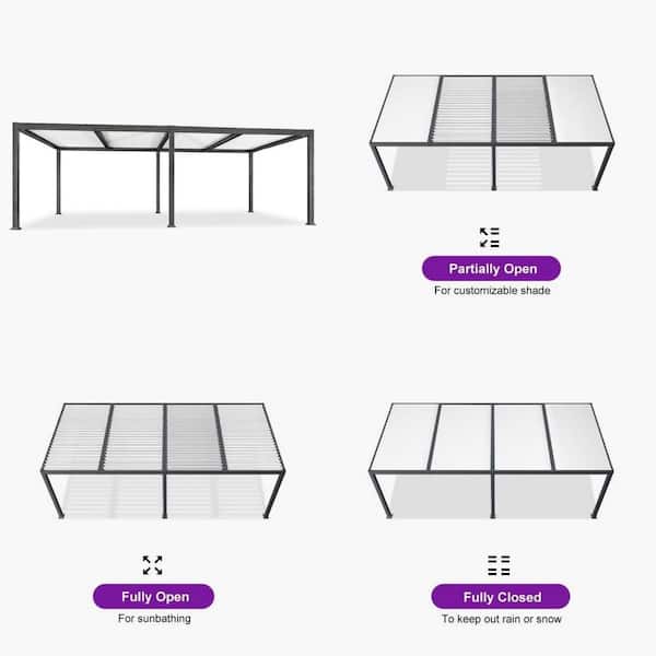11.7 ft. x 24.1 ft. Gray Aluminum Outdoor Louvered Pergola with 4 White Individual Adjustable Roofs and In-Built Gutter