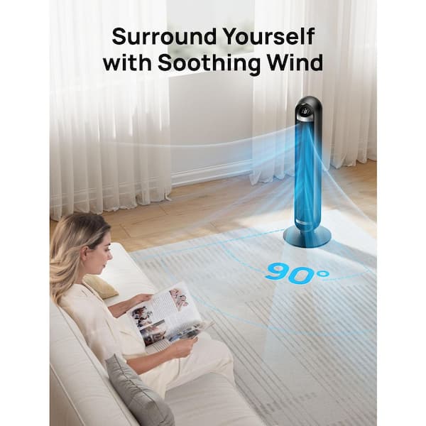 36 in. Tower Fan, 8 Speed, DC Motor, 25 DB Quiet 90° Oscillating with Remote in Black