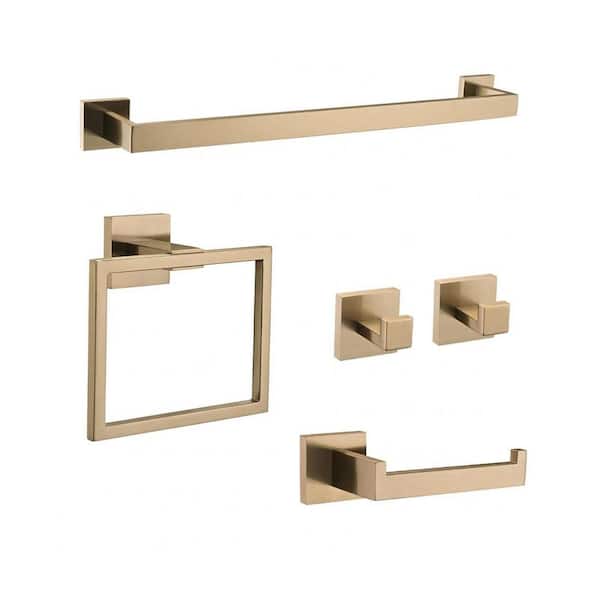 5-Piece Bathroom Hardware Set with Towel Bar, Towel Ring, Toilet Paper Holder, 2 Hooks in Champagne Gold