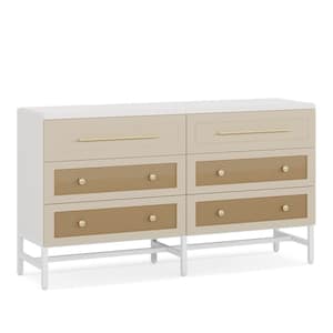 Fenley Brown 6 Drawer 56 in. W Dresser, Modern Rattan Dresser for Bedroom, Long Double Dresser Wood Storage Organizer