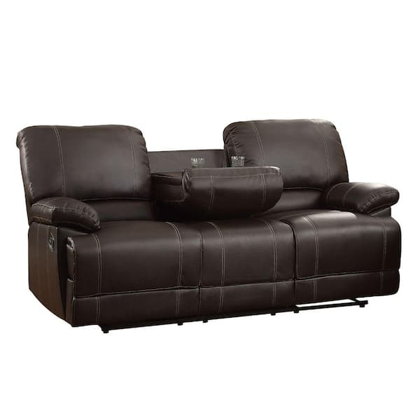 Benjara Dark Brown Pillow top arms Faux Leather Upholstery Leather Double Reclining Sofa With Drop Down Cup Holders