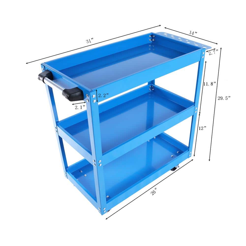 Blue 3-Tier Heavy Duty Steel Utility Cart with Lockable Wheels