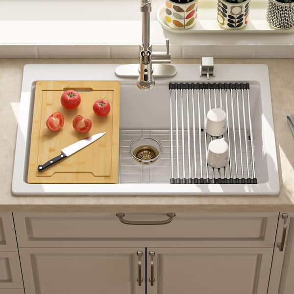 Quartz Composite 33 in. x 22 in. White Single Bowl Drop-In Workstation Kitchen Sink with Sink Accessories