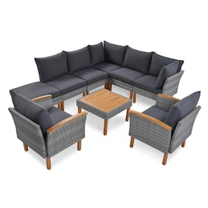 9-Piece Wicker Outdoor Sectional Sofa Set with Acacia Wood Legs and Tabletop, Gray Cushions for Garden