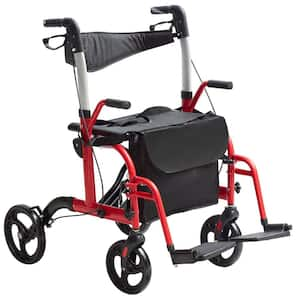 2 in 1 Rollator Walker and Wheelchair 300 Lbs. Loading Mobility Walker with Footrests Adjustable Handle for Senior, Red