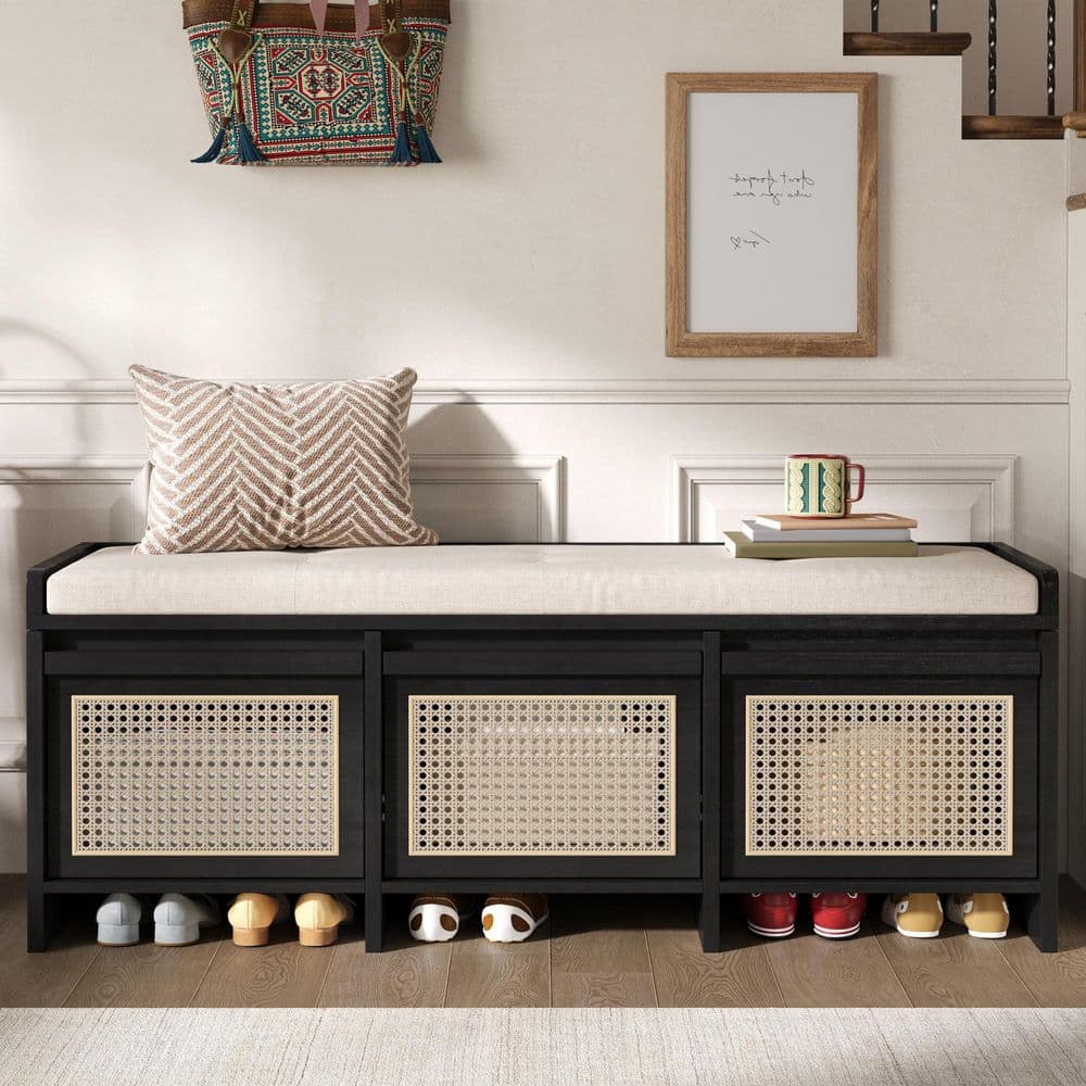 Xoryn Farmhouse Black 48 in. Storage Bedroom Bench With Rattan Drawers plus Removable Button‑Tufted Upholstered Cushion