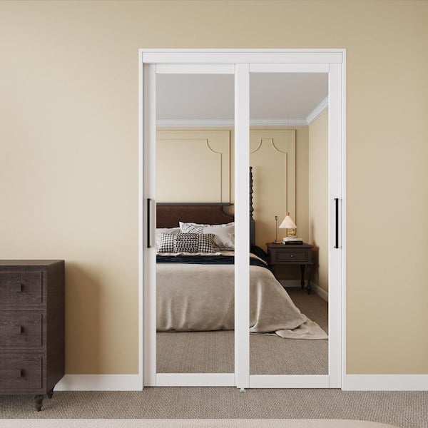 48 in. x 80 in. 1 Lite Mirror Glass White Finished Interior Closet Bypass Sliding Door with Hardware