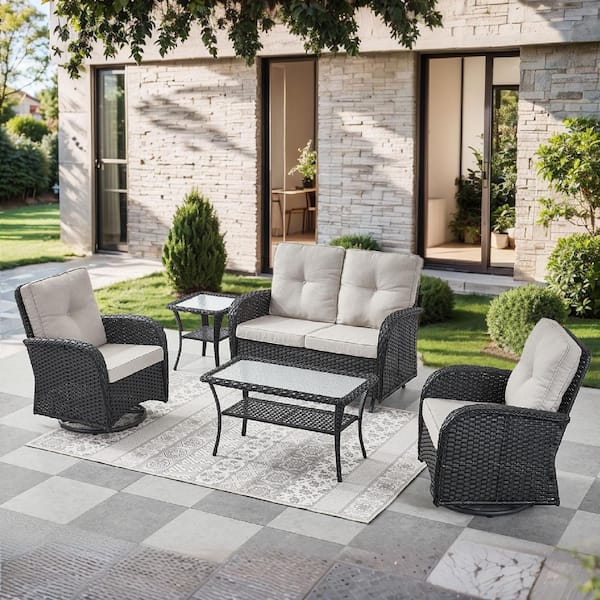 SleekArm 5-Piece Black Wicker Patio Conversation Set with Olefin Beige Cushion/Glider Loveseat with Patio Swivel Chairs