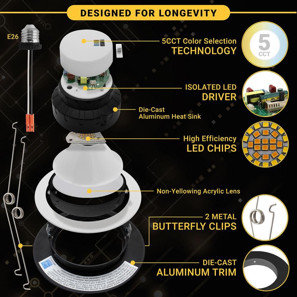 6-Inch Black Aluminum LED Retrofit Gimbal Recessed Lighting Kit, 6-Pack