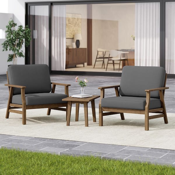 Brown Acacia Wood Outdoor Patio Lounge Chairs with Oxford Dark Gray Cushions (Set of 2)