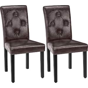 Upholstered Dining Chairs Set, Modern PU Leather and Solid Wood Legs and High Back, Brown Set of 2