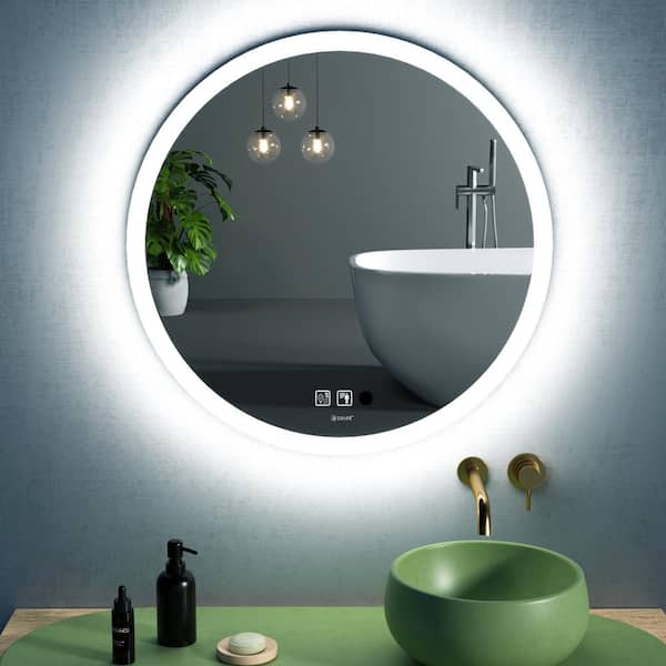 GP GANPE 28 in. W x 28 in. H Large Round Frameless Anti-Fog Wall Bathroom Vanity Mirror in Silver