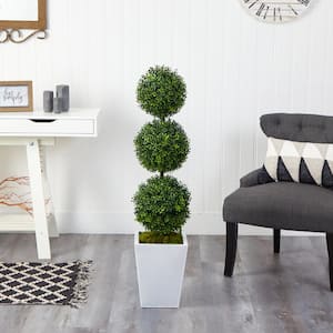 46 in. Indoor/Outdoor Boxwood Triple Ball Topiary Artificial Tree in White Metal Planter