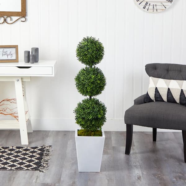 Nearly Natural 46 in. Indoor/Outdoor Boxwood Triple Ball Topiary Artificial Tree in White Metal Planter