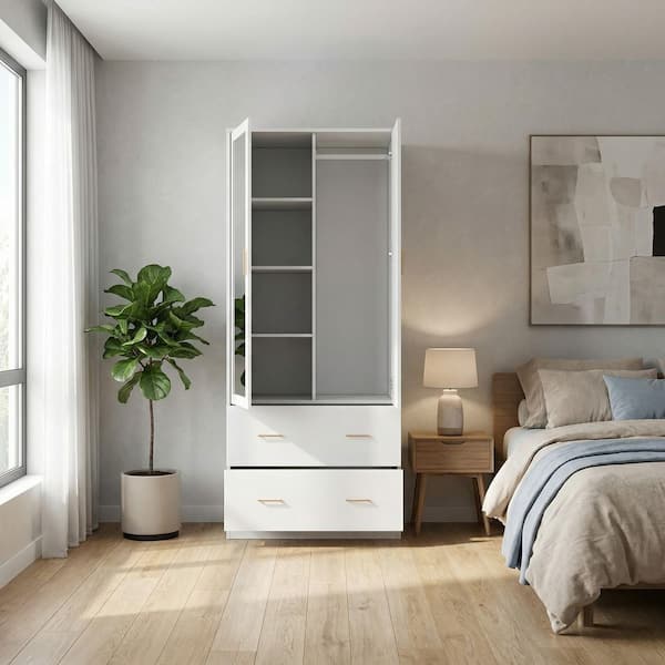 FUFU&GAGA 2-Drawers White Storage Cabinet with Mirror and 5