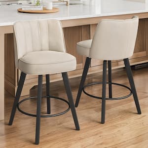 Paul 26 in. Beige Modern Fabric 360° Swivel High Back Barstool Solid Wood Counter Height stool Set of 2