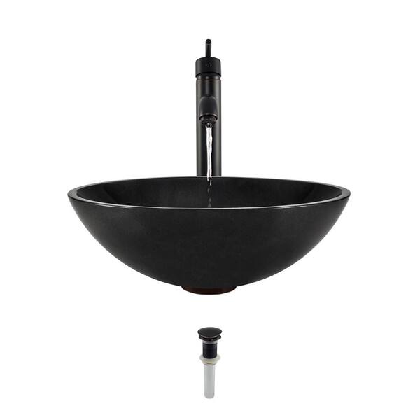 MR Direct Stone Vessel Sink in Honed Basalt Black Granite with 718 Faucet and Pop-Up Drain in Antique Bronze
