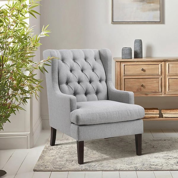 Cutler Gray Textured Fabric Upholstery Button-Tufted Back Accent Arm Chair
