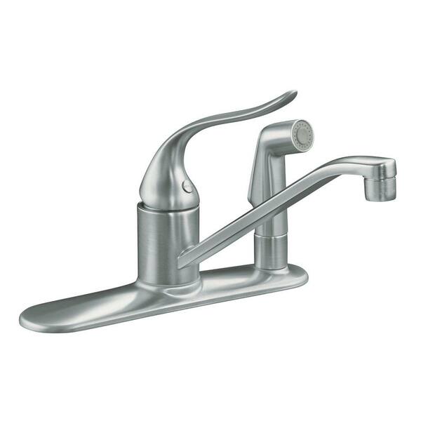 KOHLER Coralais Low-Arc Single-Handle Standard Kitchen Faucet with Side Sprayer in Brushed Chrome