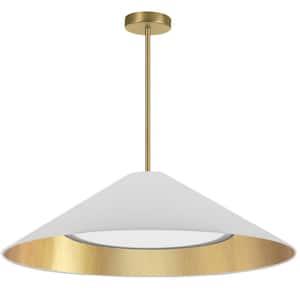 Padme 1-Light Aged Brass Shaded Integrated LED Pendant Light with White/Gold Fabric Shade