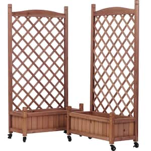 Brown Wood Raised Garden Bed with Trellis 2 Pack, Outdoor Planter Box, Plant Stand with Climbing Racks