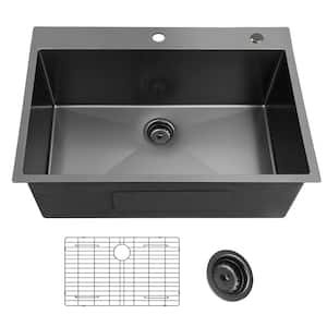 30 in. Drop-In Single Bowl 18-Gauge Gunmetal Black Stainless Steel Kitchen Sink with Bottom Grids