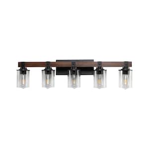 34.6 in. 5-Light Walnut Plus Black Vanity Light Bar with Tempered Glass Lampshade