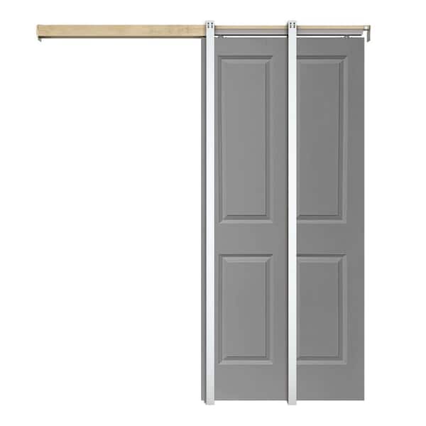CALHOME Light Gray 36  in. x 80 in. Painted Composite MDF 4PANEL Interior Sliding Door with Pocket Door Frame and Hardware Kit