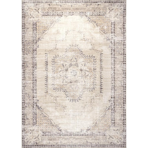 nuLOOM Glenda Machine Washable Faded Medallion Light Gray 5 ft. x 8 ft. Indoor Area Rug