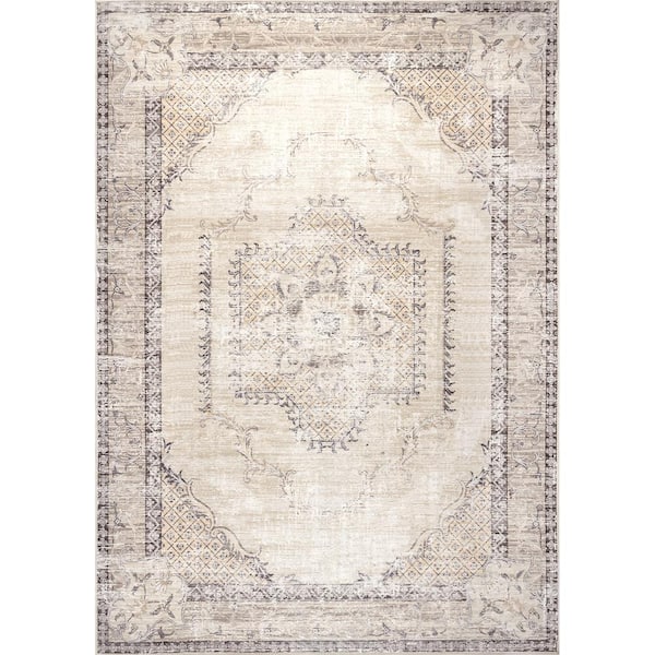 Glenda Light Grey 8 ft. x 10 ft. Machine Washable Faded Medallion Indoor Area Rug